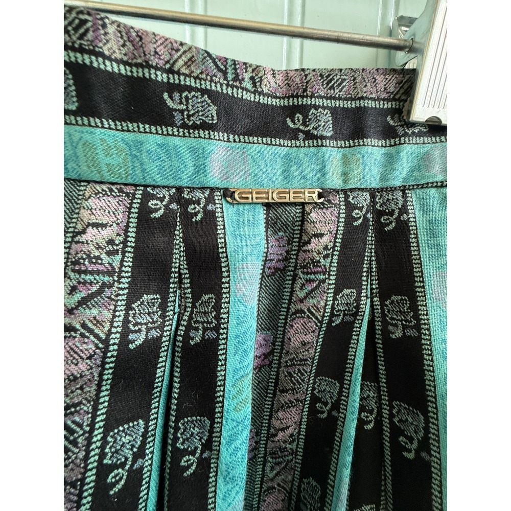 VTG‎ Geiger Teal Black Floral Striped Pleated Cotton Dirndl Skirt Size 40 - Picture 4 of 9